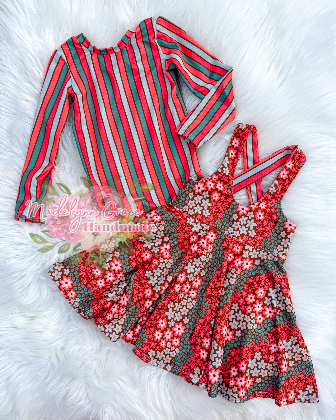 Floral Stripe Leo & Pinafore Set 3T