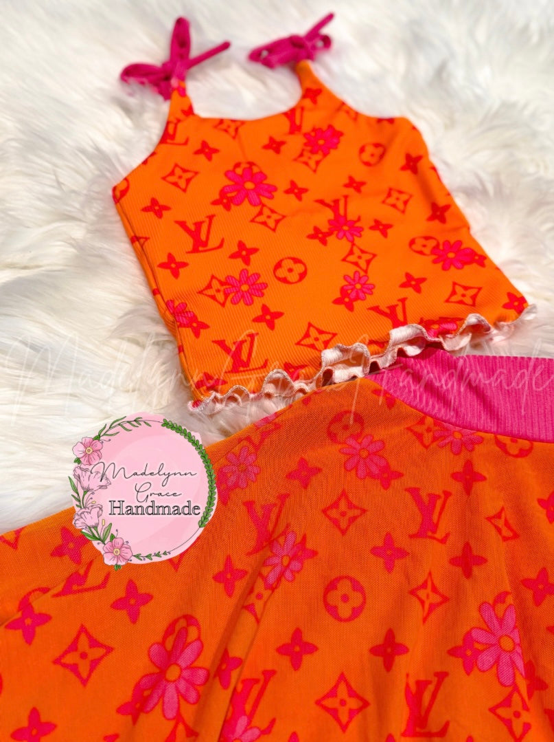 3T Pink/Orange Boujee Tie Tank & Skirt Set
