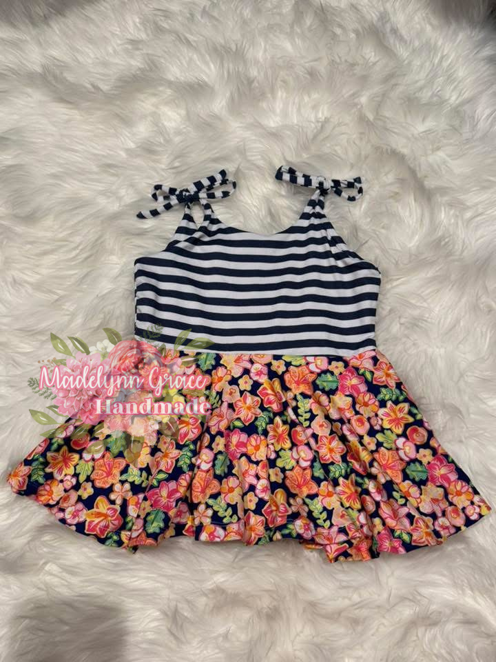 Striped Floral Tie Tank 5T