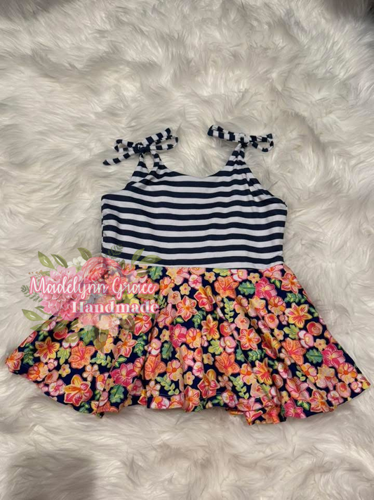 Striped Floral Tie Tank 5T