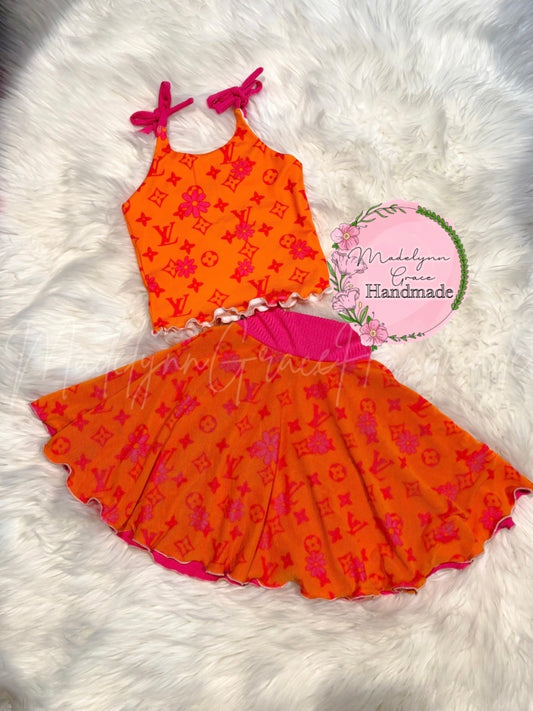 3T Pink/Orange Boujee Tie Tank & Skirt Set