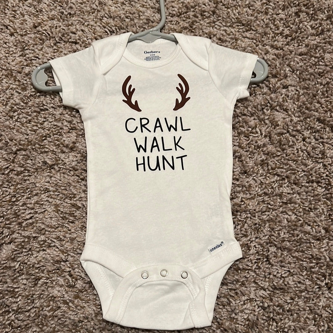 RTS- 3/6m Crawl Walk Hunt vinyl Onesie